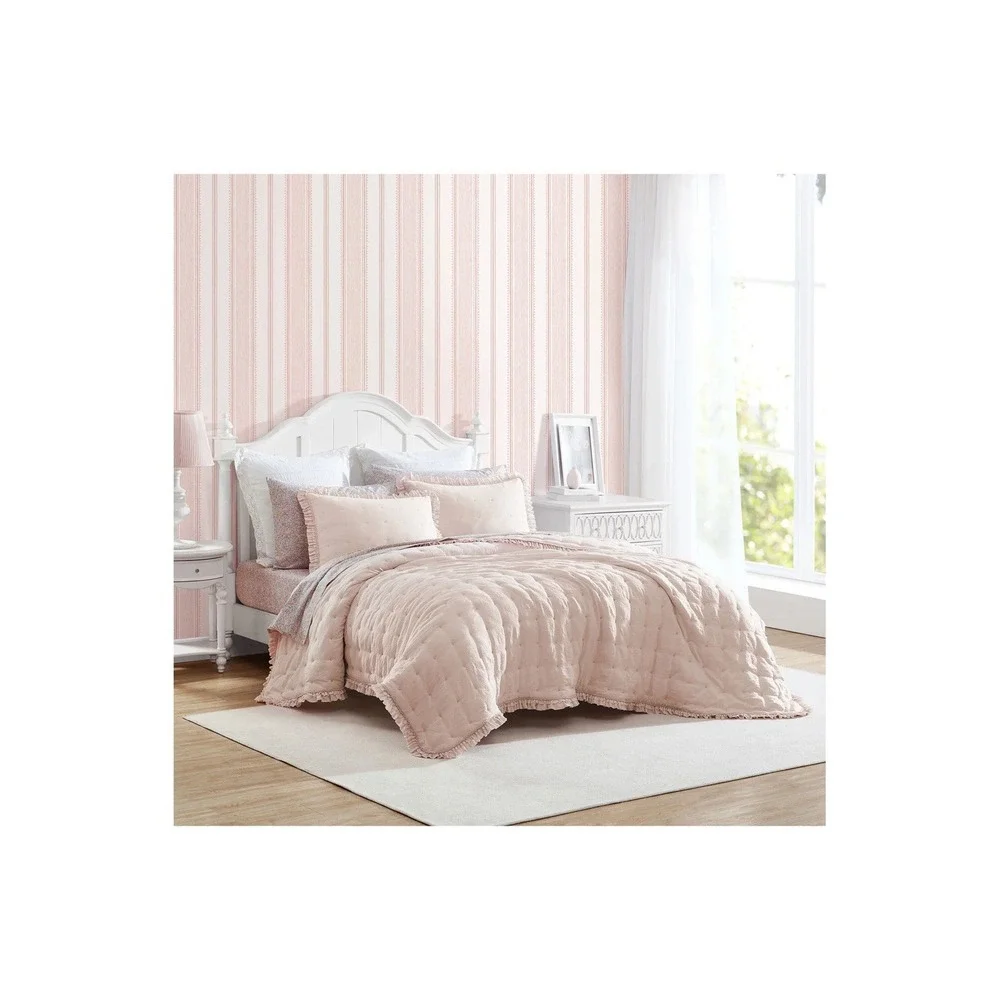 Laura Ashley Pink Ruffle Tufted Twin Comforter Set Sham 100% Cotton Blush NWOT